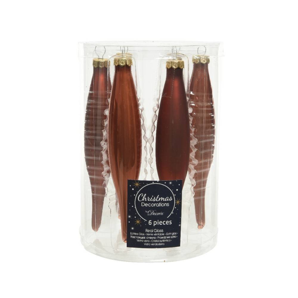 Six elegant red glass ornaments in a clear container, featuring smooth and textured designs.