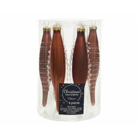 Six elegant red glass ornaments in a clear container, featuring smooth and textured designs.