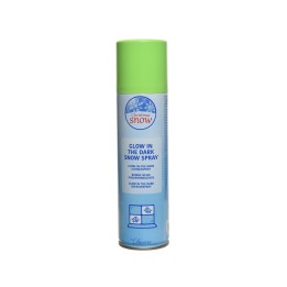 Spuitbus met groene dop, blauw etiket, voor gloeiende sneeuwdecoratie tijdens kerst.