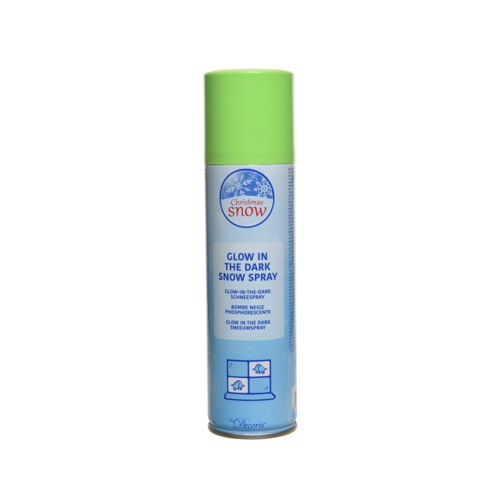 Spuitbus met groene dop, blauw etiket, voor gloeiende sneeuwdecoratie tijdens kerst.