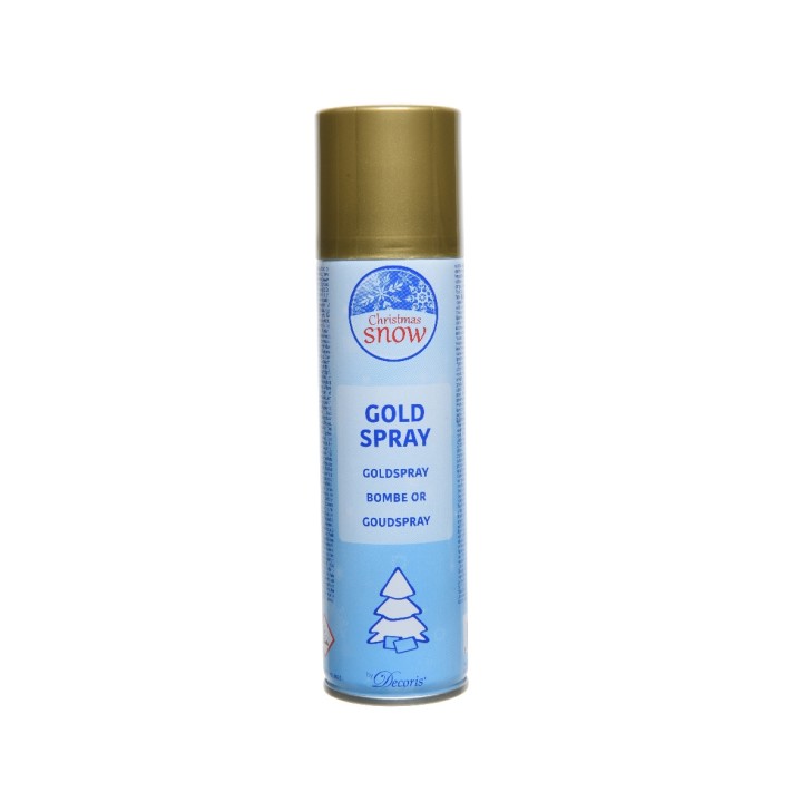 Gouden spuitbus met een lichte blauwe achtergrond en een gouden dop, voor decoratie.
