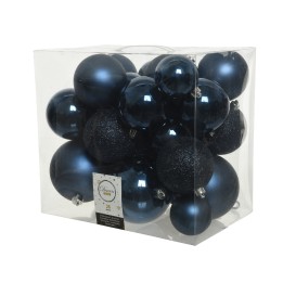 Een doorzichtige doos met 26 donkerblauwe kerstballen in verschillende maten en glans.