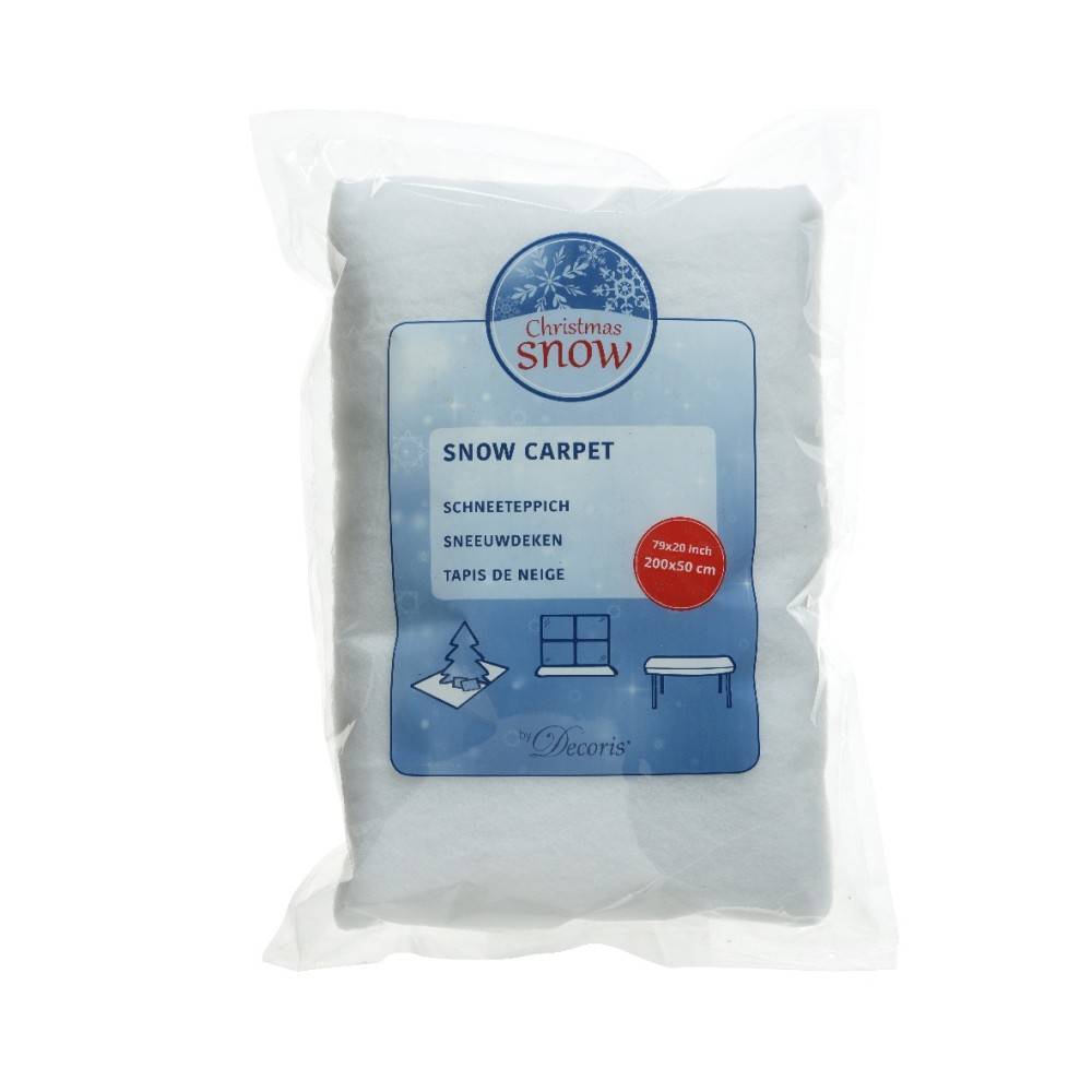 A packaged white, fluffy snow carpet for festive decoration.