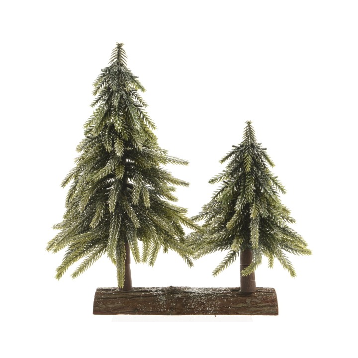 Twee groene kunstbomen met sneeuw, op een houten basis, in een rustieke stijl.
