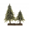 Two frosted green pine trees on a wooden base, evoking a wintery, festive atmosphere.