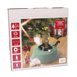 A green Christmas tree stand with a sturdy base, designed to hold a tree securely.