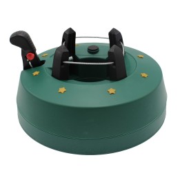 Groene kerstboomstandaard met zwarte klemmen en gouden sterretjes, eenvoudig en functioneel ontwerp.