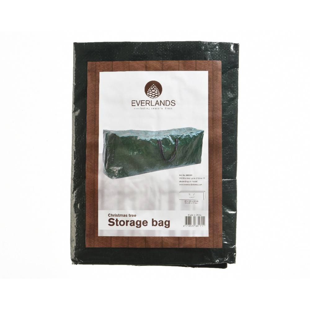 A dark green storage bag with a brown label, designed for Christmas tree storage.