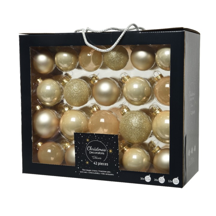 Gouden kerstballen in verschillende afwerkingen, verpakt in een zwarte doos met doorzichtige voor...