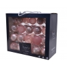A festive box holds 24 pink and clear glass ornaments for holiday decorating.