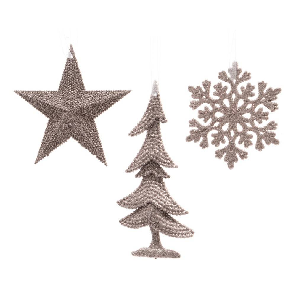 Three decorative ornaments: a star, a Christmas tree, and a snowflake in soft beige tones.