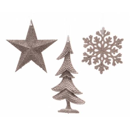 Three decorative ornaments: a star, a Christmas tree, and a snowflake in soft beige tones.