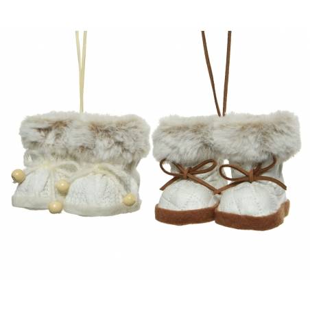 Two small decorative boot ornaments, cozy with fur trim and ribbon bows, in soft cream and brown.