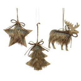 Drie kerstdecoraties in natuurlijke tinten: een ster, boom en rendier met een harige textuur.