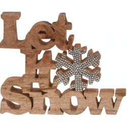 Wooden decorative letters spell "Let It Snow," with a silver snowflake accent.