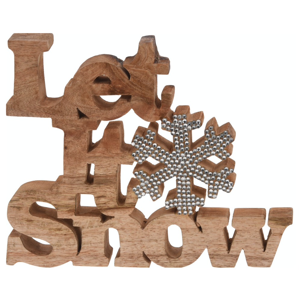 Wooden decorative letters spell "Let It Snow," with a silver snowflake accent.