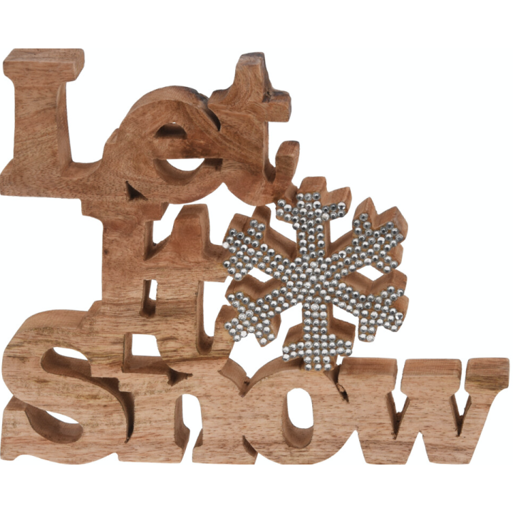 Houten decoratie met tekst en een glinsterende sneeuwvlok, warme tinten en speelse vormen.
