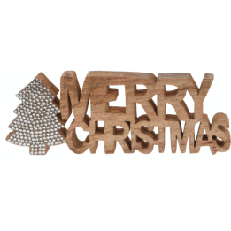 Houten decoratie met de tekst "Merry Christmas" en een kerstboom van metalen bolletjes.