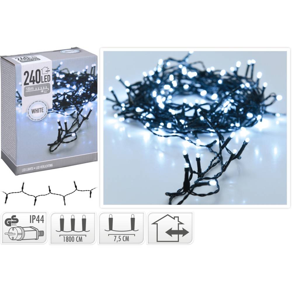 A bundle of white LED fairy lights on a dark wire, packaged neatly in a box.