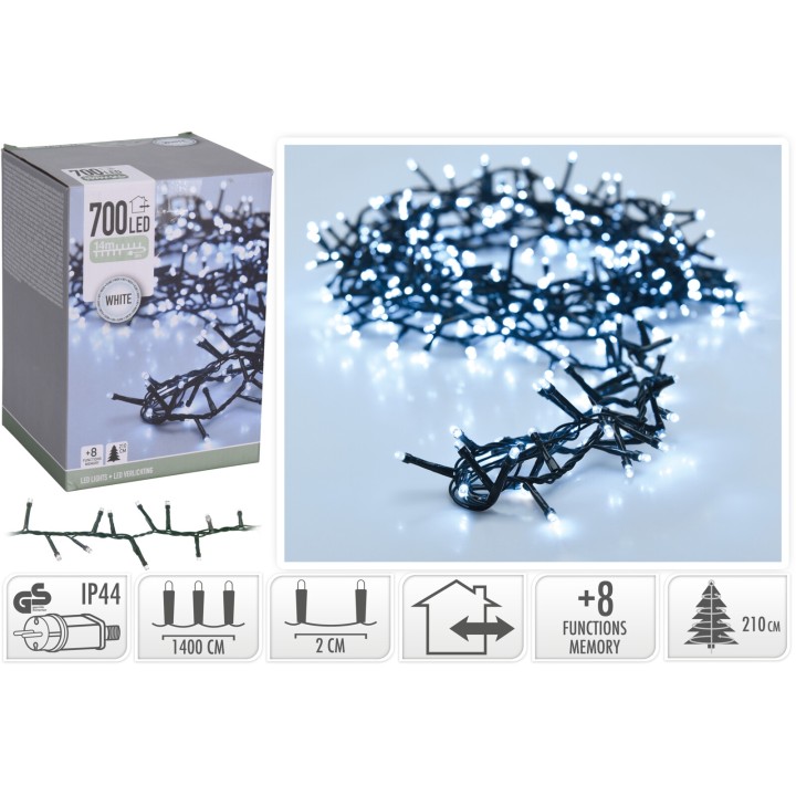 Een doos met 700 witte LED-lampjes, verlicht snoer met verschillende functies en geheugen.