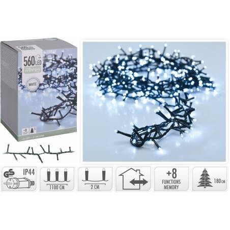 A tangled string of white LED lights on a dark wire, packaged in a colorful box.