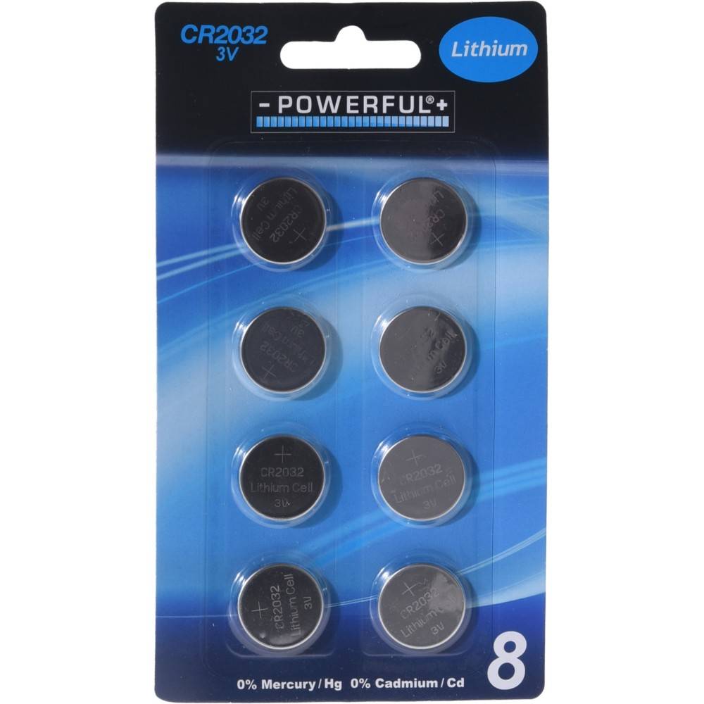 Eight shiny round lithium batteries on a blue card, labeled with specifications and branding.