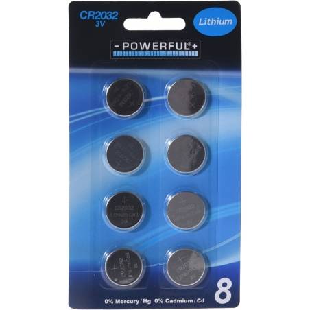 Eight shiny round lithium batteries on a blue card, labeled with specifications and branding.