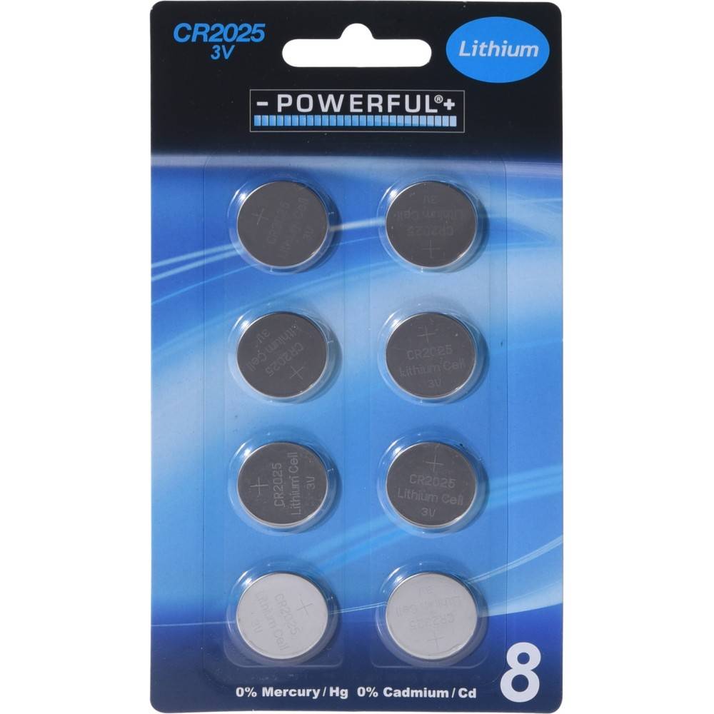 A pack of eight round silver lithium batteries arranged in two rows on a blue background.