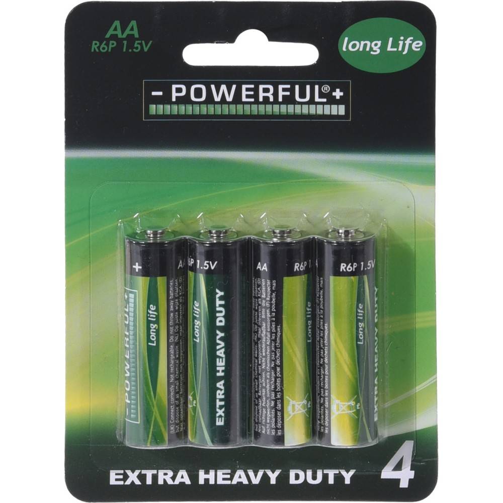 A pack of four AA batteries in green and black packaging, labeled for long-lasting use.