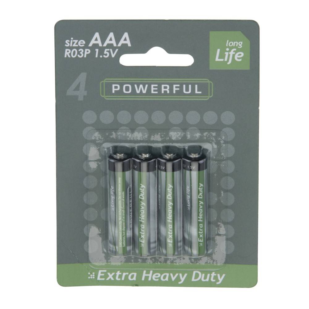 A pack of four AAA batteries in a simple, green and gray cardboard backing.