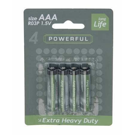 A pack of four AAA batteries in a simple, green and gray cardboard backing.
