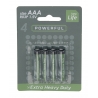 A pack of four AAA batteries in a simple, green and gray cardboard backing.