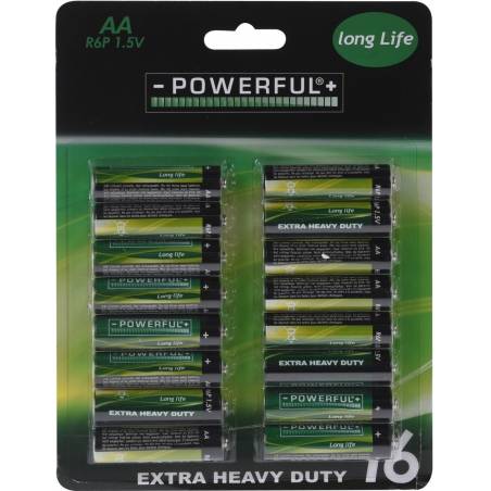 A pack of 16 AA batteries in green and black, labeled for extra heavy-duty use.