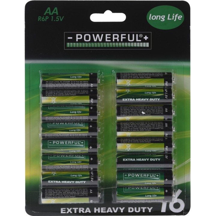 Zestien AA-batterijen in een groene en zwarte verpakking met heldere tekst en een kunststof hoes.