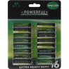 A pack of 16 AA batteries in green and black, labeled for extra heavy-duty use.