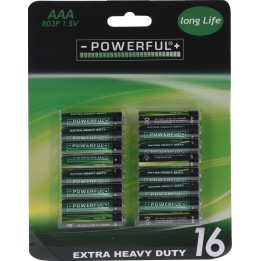 Zestien groene AAA-batterijen in een doorzichtige verpakking met zwarte accenten.