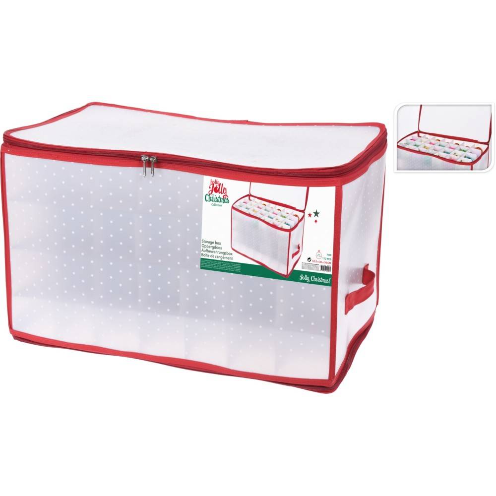 A clear storage box with a red zipper and polka dot pattern, featuring a colorful lid.