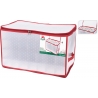 A clear storage box with a red zipper and polka dot pattern, featuring a colorful lid.