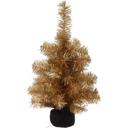 Gouden kunstkerstboom in een zwarte pot, met sprankelende, metallic takken.