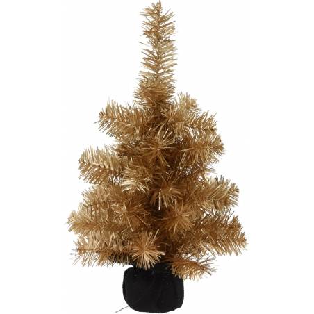 A small, shimmering gold Christmas tree with synthetic branches in a black base. A small, shimmering gold Christmas tree with synthetic branches in a black base.