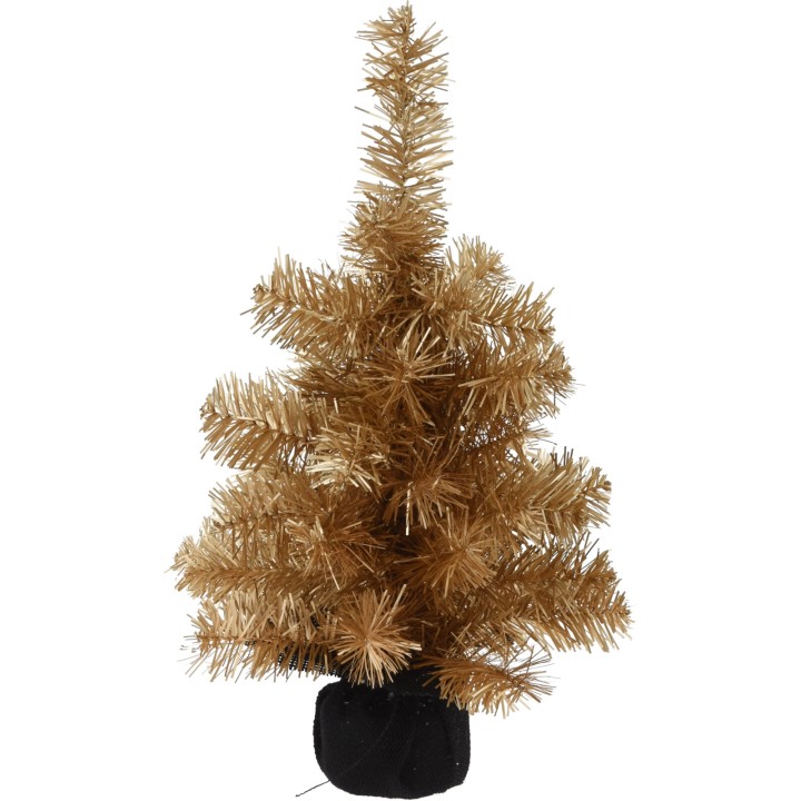 Gouden kunstkerstboom in een zwarte pot, met sprankelende, metallic takken.