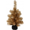 A small, shimmering gold Christmas tree with synthetic branches in a black base.