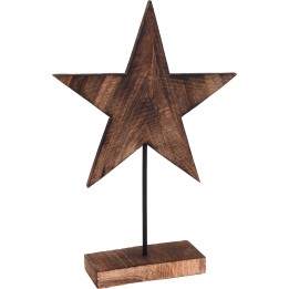 A rustic wooden star on a simple base, showcasing natural grain and a warm brown hue.