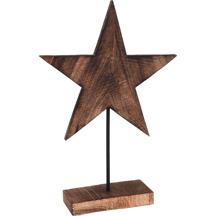 Houten ster in warme bruintinten, op een metalen voet, eenvoudig en stijlvol.