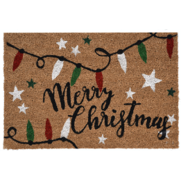 Kruimelmat met jute achtergrond, versierd met kerstlichtjes en de tekst "Merry Christmas".