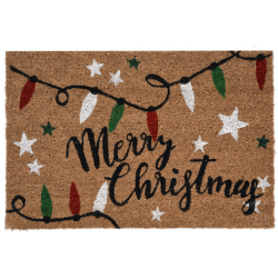 A festive coir doormat with "Merry Christmas" and colorful holiday lights.