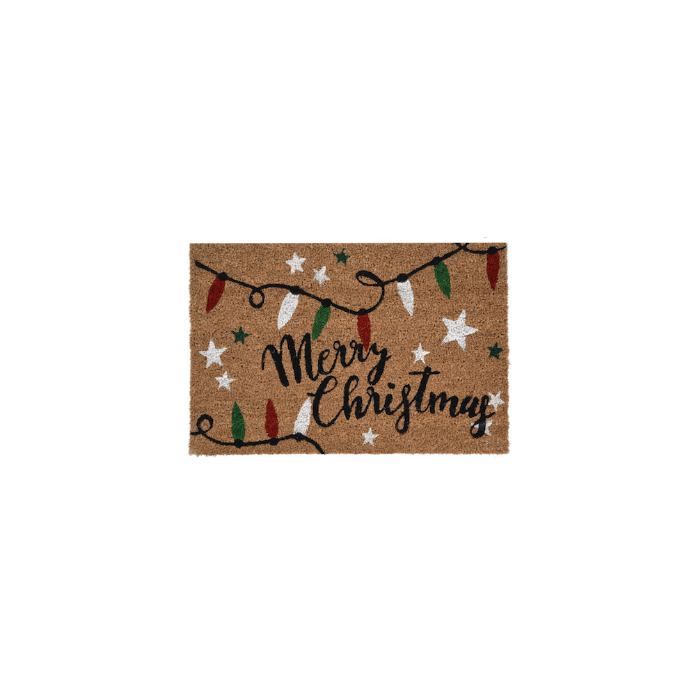 A festive coir doormat with "Merry Christmas" and colorful holiday lights.