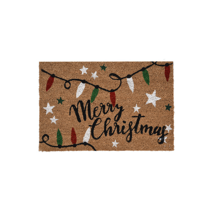 Kruimelmat met jute achtergrond, versierd met kerstlichtjes en de tekst "Merry Christmas".