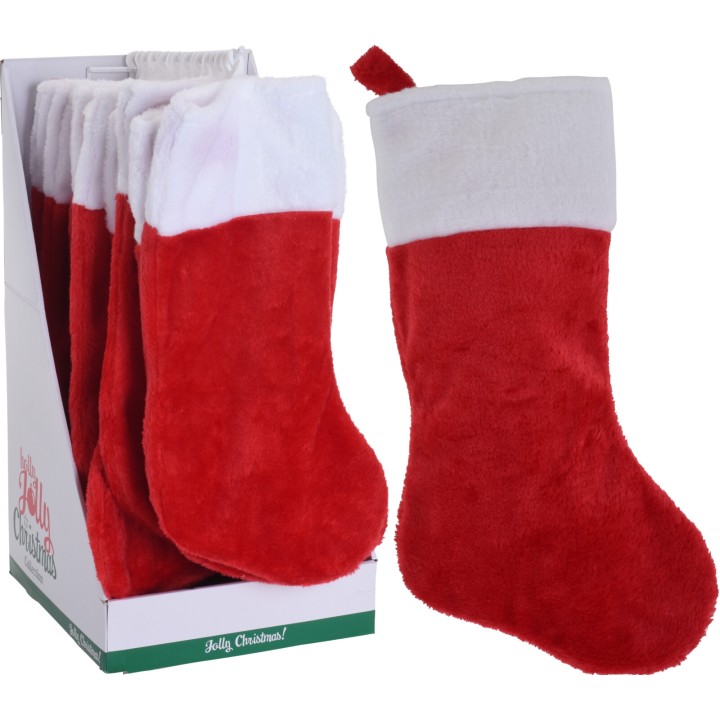 Zachte, rode kerstkousen met een witte rand, gepresenteerd in een doos.