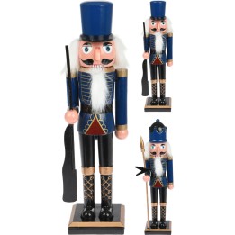 A colorful nutcracker figurine in a blue uniform with a white beard and a tall hat.
